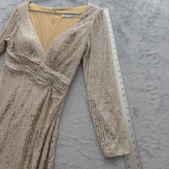 MAC DUGGAL IEENA Sequined Faux Wrap Long Sleeve Gown Size 8 NWT Nude Silver 0064 - Picture 11 of 16